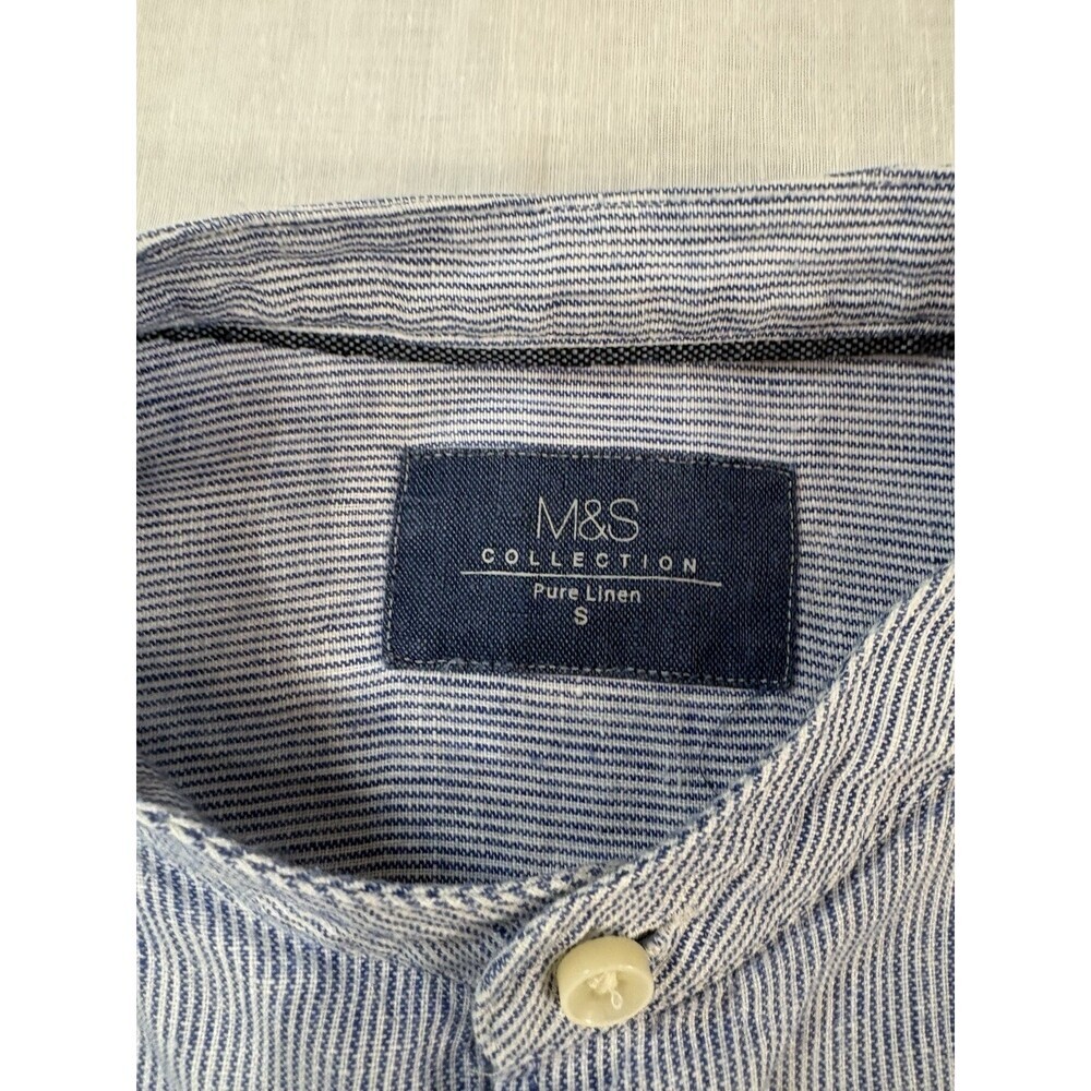 M&S Collection Men’s Linen Striped Chambray Mock Collar Shirt Size S - Picture 3 of 6